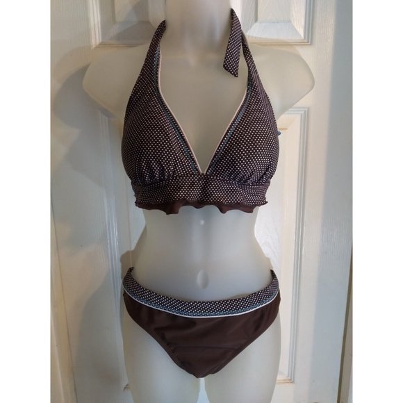 VM Swimsuit 3 Pc Halter Top Bikini Bottom & Skirted Bottom Sz M Brown - Picture 1 of 11